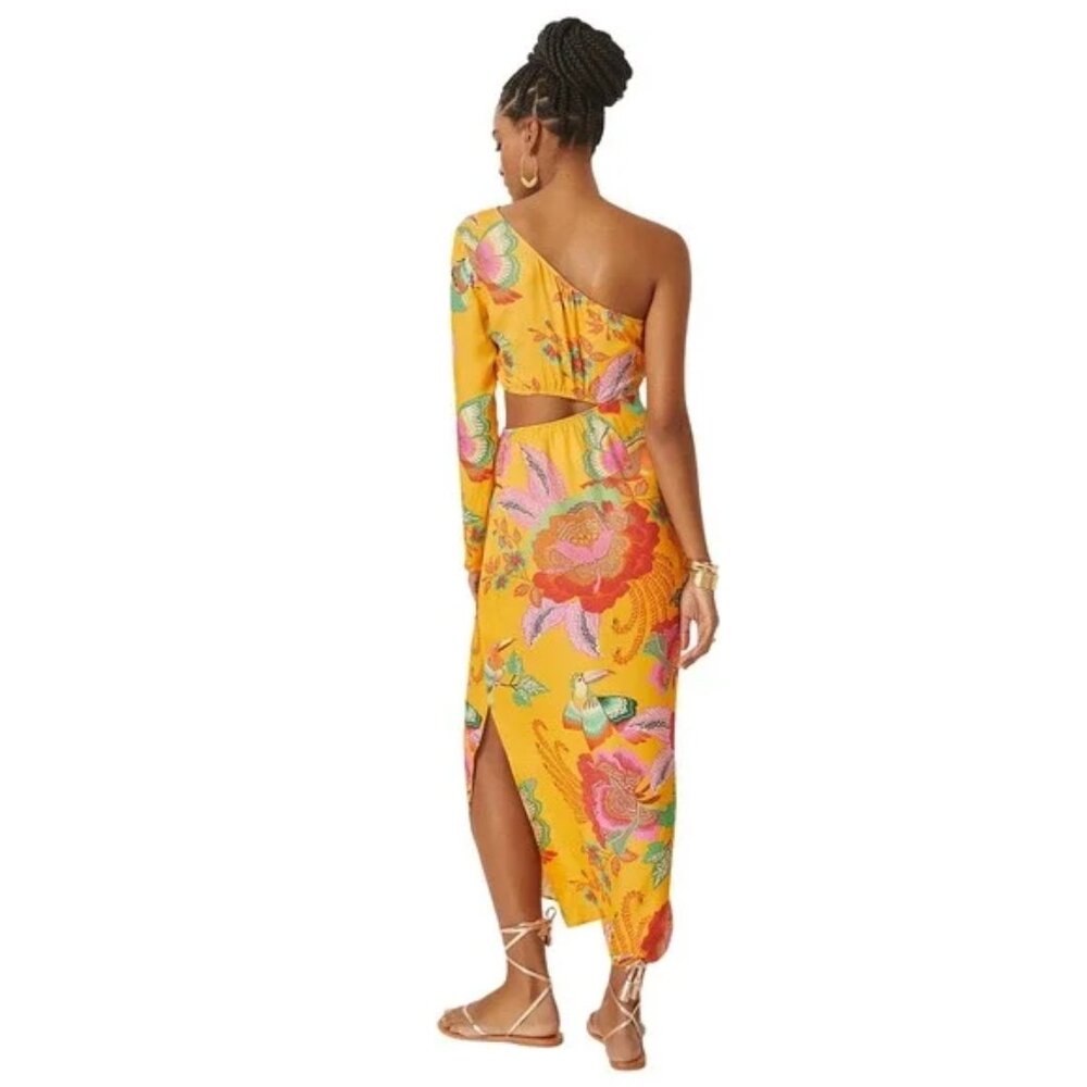 Farm Rio / Anthropologie Maxi Dress Tropical Floral One-Shoulder cutout Sun M - Picture 3 of 5